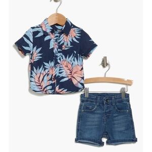 NWOT- Volcom Stripe Short Sleeve Button-Up Shirt & Denim Shorts Set. 2T